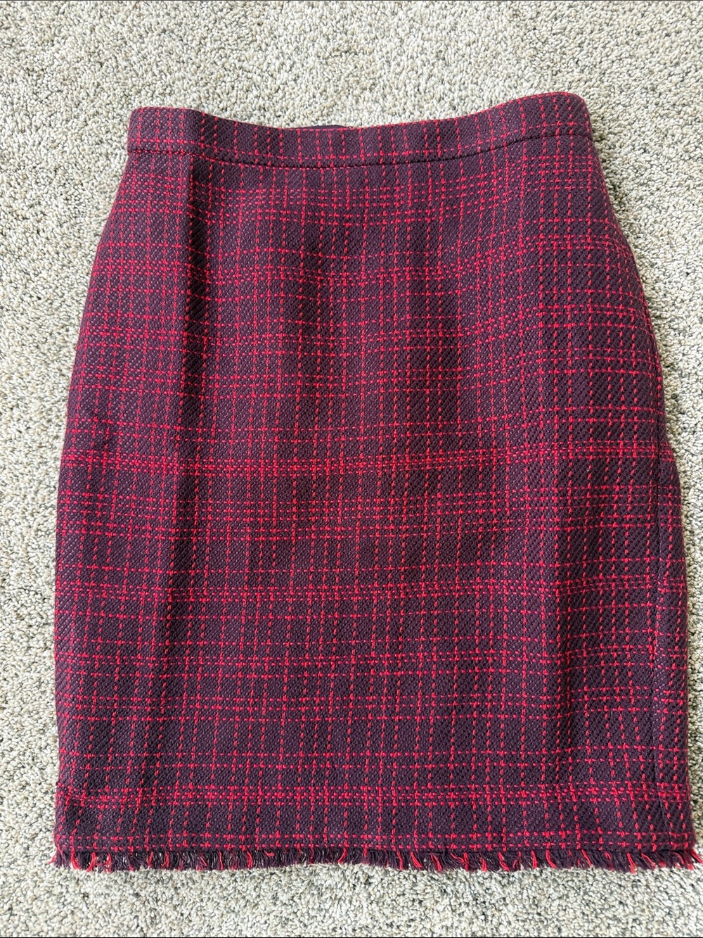 Ann Taylor Red and Black Plaid Tweed Pencil Skirt